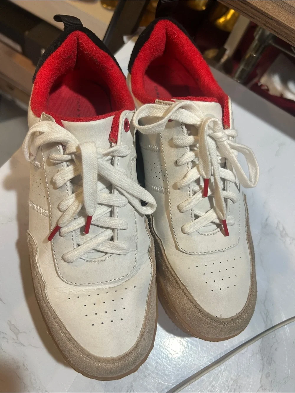 Zara White, Red & Tan Platform Sneakers